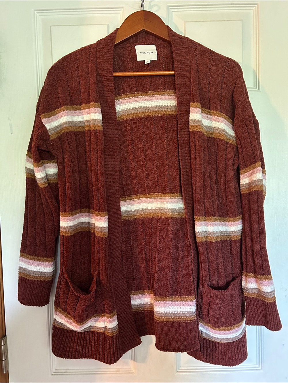 NWOT Pink Rose Women's Rust-Striped Open Cardigan with Pockets